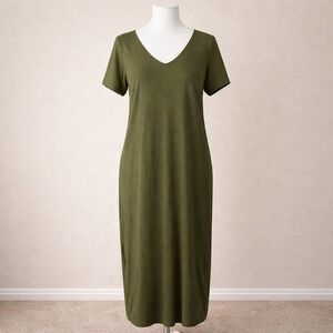 Women's Olive Green Maxi Dress Casual V Neck Short Sleeve Pockets XL